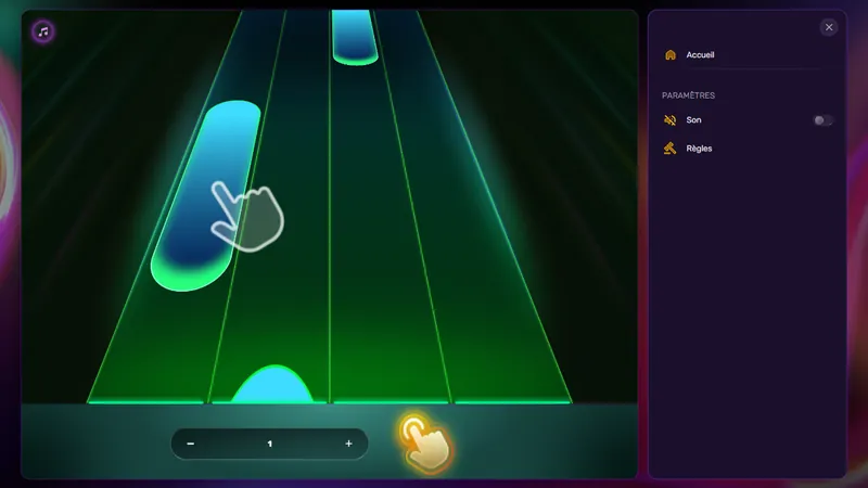 Menu du client Play Me ouvert à droite de la piste : l'entrée Accueil, puis sous Paramètres le réglage Son et l'entrée Règles
