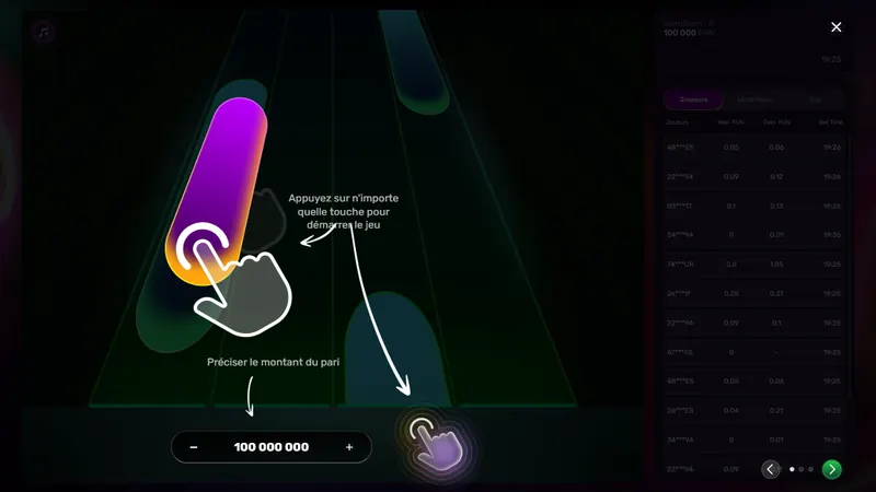 Tutoriel du client Play Me : une tuile violette sous une main fantôme, la consigne « Appuyez sur n'importe quelle touche pour démarrer le jeu », puis « Préciser le montant du pari » au-dessus du champ de mise, avec le solde de 100 000 FUN en haut à droite